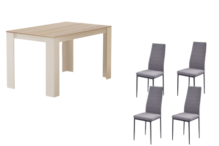 PACK Mesa de Jantar Fixa LOTTA Branco Carvalho + 4 Cadeiras Cinzento