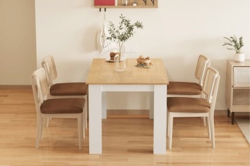 PACK Mesa de Jantar Fixa LOTTA Branco Carvalho Natural + 4 Cadeiras Yuri Cinzentas