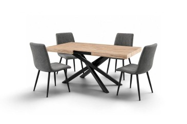PACK mesa KRUSS roble y 4 sillas SAROTU gris | Atrapamuebles
