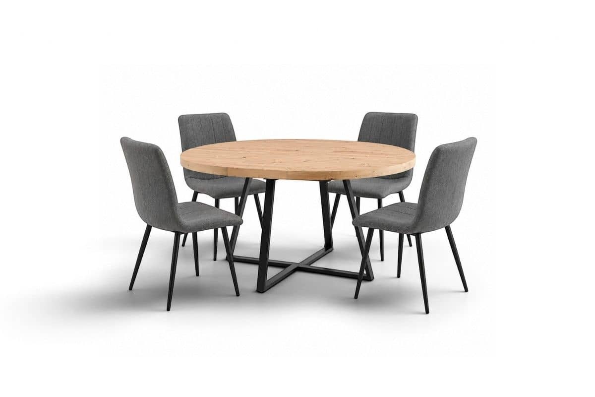 PACK Mesa RAJANA Roble + 4 Sillas SAROTU Gris PACK Mesa RAJANA Roble + 4 Sillas SAROTU Gris