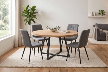 PACK Mesa RAJANA Roble + 4 Sillas SAROTU Gris