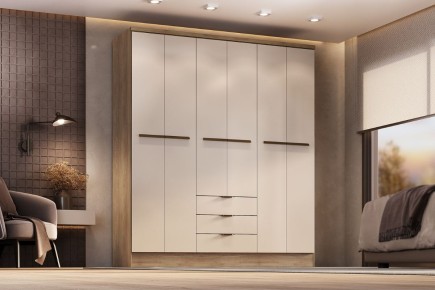 Roupeiro TROY Nogueira e Branco 180cm 6 portas e 3 gavetas|Atrapamuebles