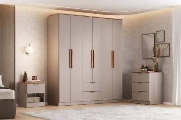 Roupeiro MILAN Avelã de 161 cm com 6 Portas e 2 Gavetas| Atrapamuebles