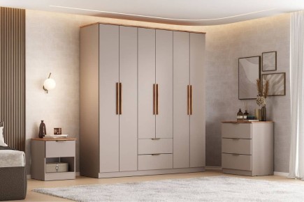 Roupeiro MILAN Avelã de 161 cm com 6 Portas e 2 Gavetas| Atrapamuebles