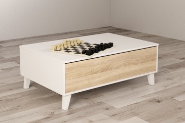 Mesa de centro com tampo elevatório ZAIKEN PLUS em carvalho canadiano e branco brilhante ao MELHOR PREÇO