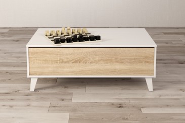 Mesa de centro com tampo elevatório ZAIKEN PLUS em carvalho canadiano e branco brilhante ao MELHOR PREÇO
