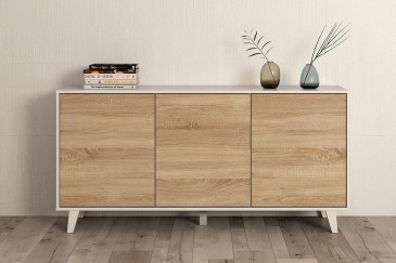 Aparador para sala de estar - sala de jantar 3 portas ZAIKEN PLUS em cor Carvalho Canadiano e Branco Brilhante ao MELHOR PREÇO