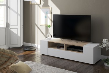 Mueble salón TV TAMIKO de colores Blanco y Roble Canadian al MEJOR PRECIO