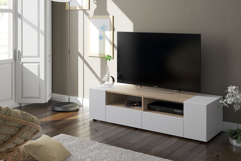 Mueble salón TV TAMIKO de colores Blanco y Roble Canadian al MEJOR