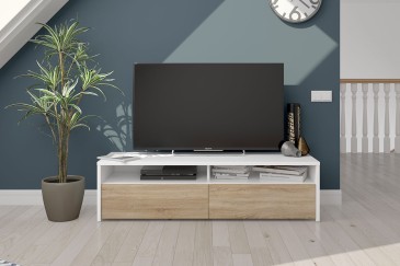 Mueble salón TV KIOTO de colores Blanco y Roble Canadian al MEJOR PRECIO