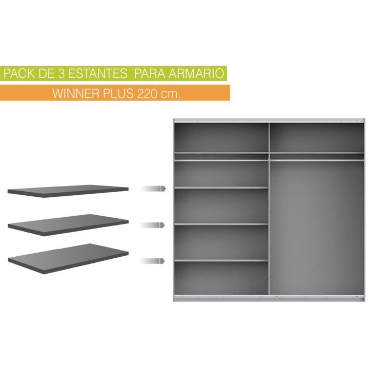 Lote de 3 estantes de 108 x 42 cm en color gris para armario WINNER Plus 220 cm