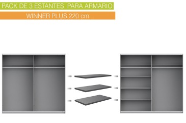 Lote de 3 estantes de 108 x 42 cm en color gris para armario WINNER Plus 220 cm