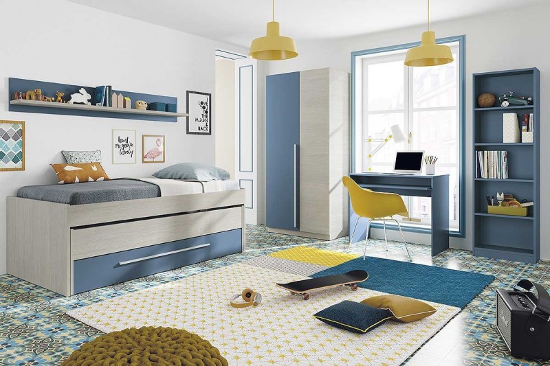 Cama Doble Juvenil Azul WIC + ESTANTE