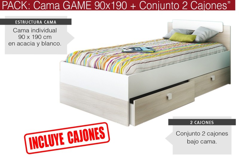 Cama GAME 90x190 + Conjunto 2 Cajones bajo cama