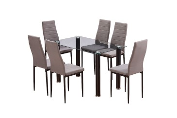 PACOTE de 1 mesa de centro em vidro transparente + 6 cadeiras em cinzento