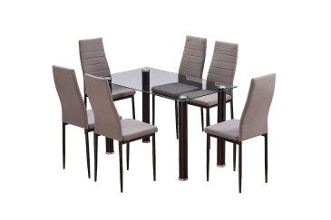 PACK de 1 Mesa de salón cristal Transparente + 6 Sillas en color gris