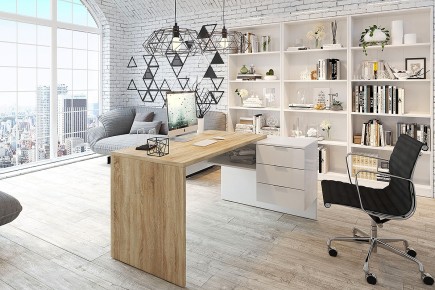 Mesa de Oficina/Despacho con cajones 145 x 108 cm. en Roble Canadian y Blanco Artik